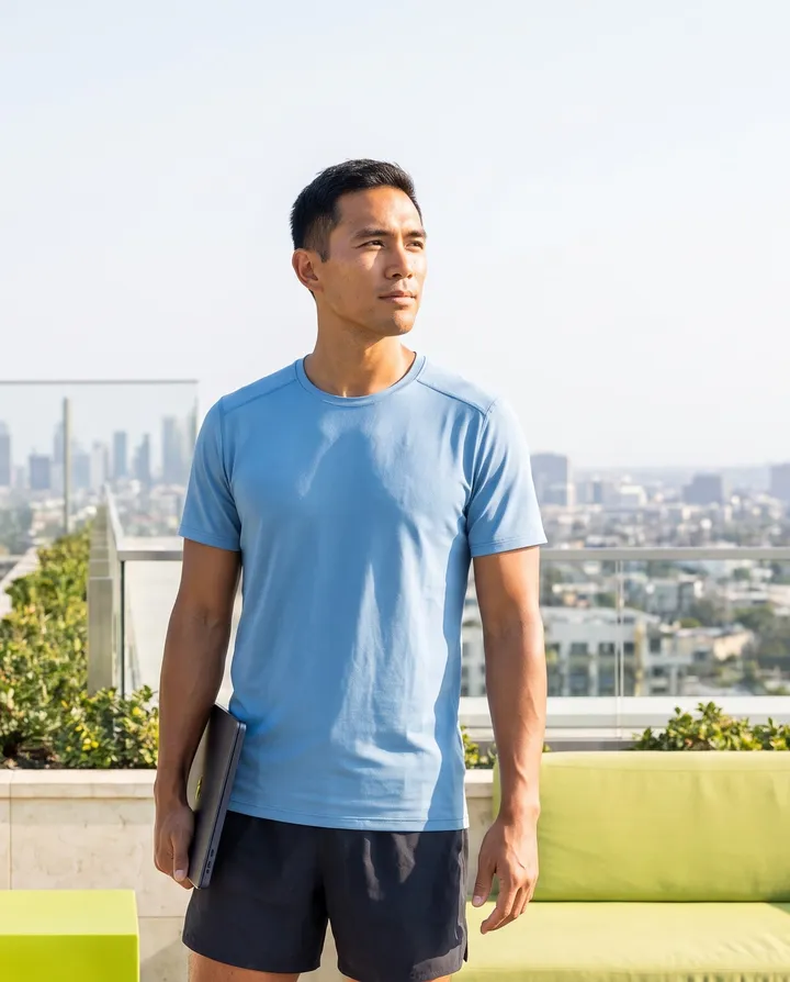 A man in his thirties on a sunny rooftop terrace, laptop under his arm, looking far out at the city