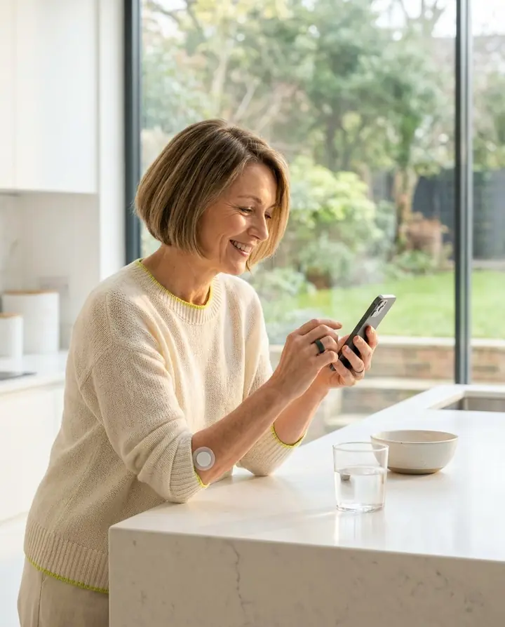 A woman in her fifties checking her phone in a bright kitchen, a glucose sensor on her arm