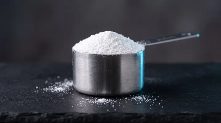 A steel scoop heaped with white creatine monohydrate powder on dark stone