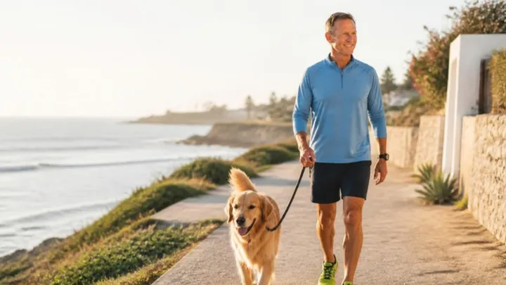 A man in his late fifties walking his dog along a bright coastal path at sunrise
