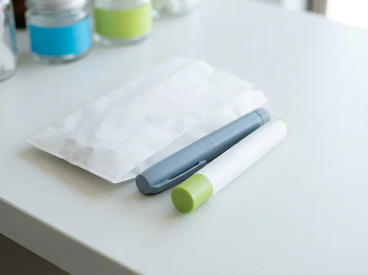 Two unbranded prescription injection pens beside a pharmacy bag