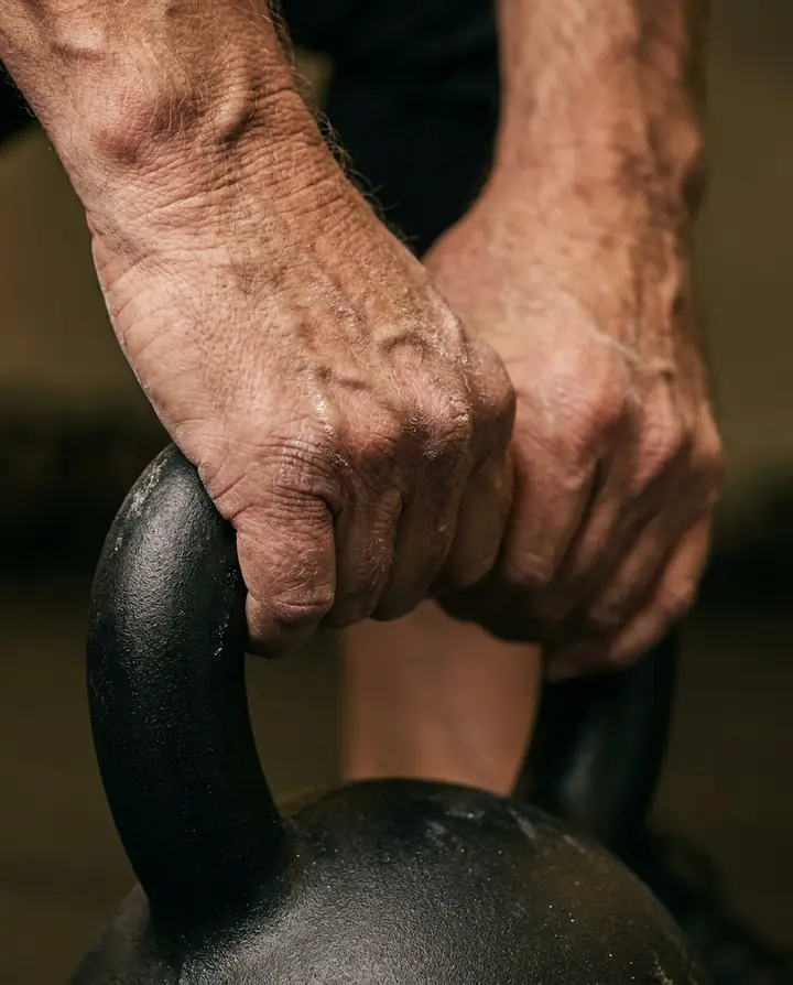 Weathered hands gripping a kettlebell handle