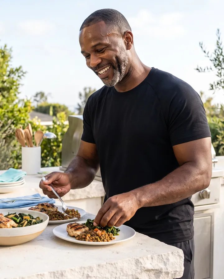 A man in his forties plating grilled chicken, lentils and greens on a sunny outdoor kitchen counter