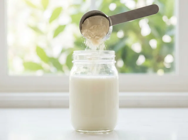 A steel scoop pouring pale whey protein powder into a glass jar of milk in bright morning light