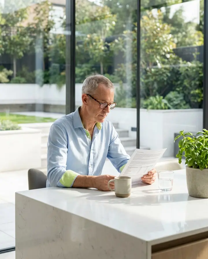 A man in his fifties reading a lab report at a bright kitchen table