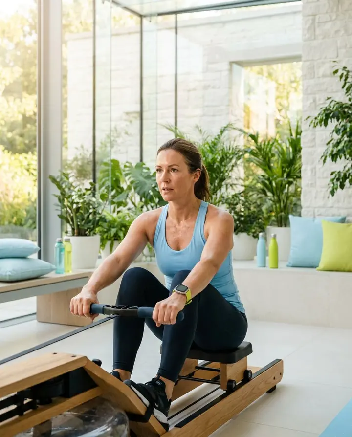 A woman in her 40s training on a rowing machine in a bright studio