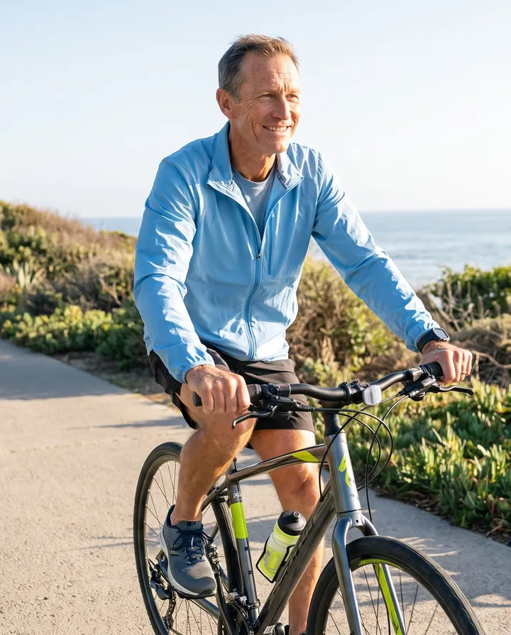 A man in his fifties riding a bicycle along a sunny coastal path