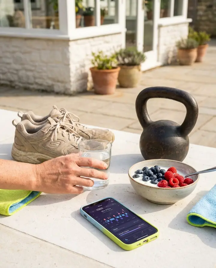 Walking shoes, water, berries and a kettlebell on a sunlit table